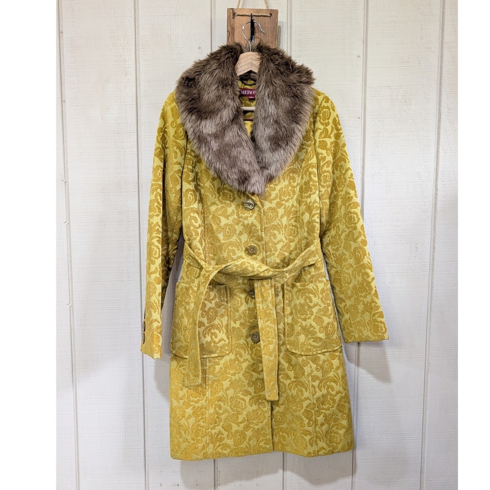 Floral Jacquard Trench Coat Faux Fur Collar Y2K Penny Lane